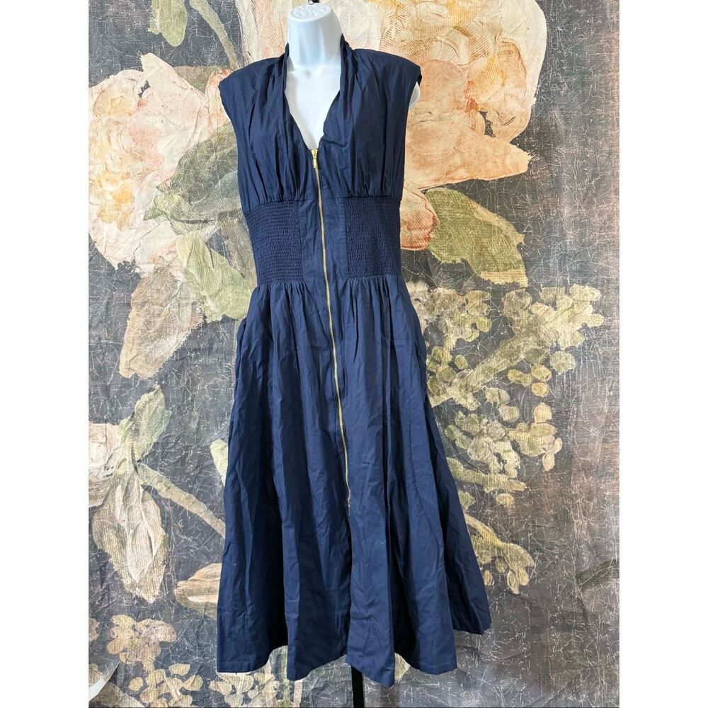 New Anthropologie The Tommie Cap-Sleeve Smocked Front-Zip Midi Shirt Dress Size - Picture 9 of 13